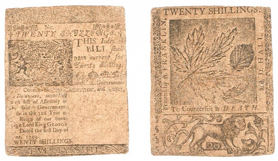 American Currency, Twenty Shillings nature printed note printed by B. Franklin and Hall in Delaware
1759
